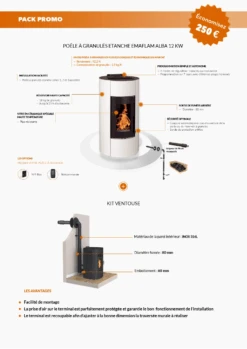 Pack Promo : Poêle à  Granulés Etanche Avec Kit Ventouse - EMAFLAM ALBA Blanc - 11.4 KW -MODERNA Soldes Magasin fp alba blanc